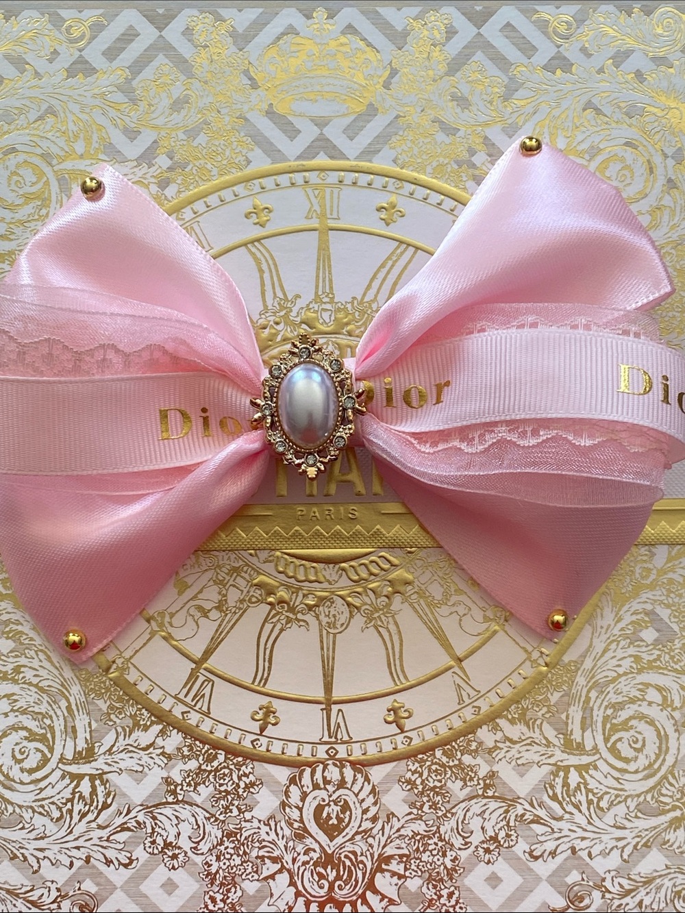 Dior Pink Satin Ribbon Bow Hair Clip handmade with Pearl Medallion